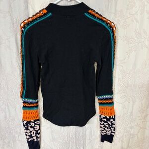 Free People Switch It Up Woman’s Boho Thermal Shirt With Crochet Sleeves Black